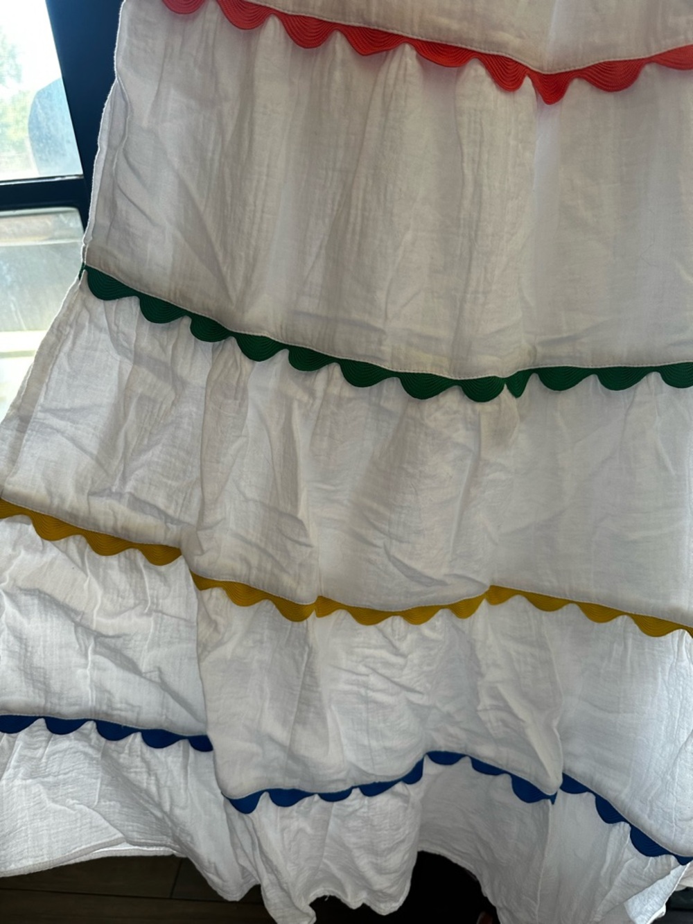Boden White Tiered Skirt with Pink, Green, Yellow & Blue Trim - Picture 3 of 6